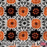 Bold Orange Black Floral Folk Art Seamless Pattern Digital Print Fabric by the Metre UK Sewing Quilting Textile