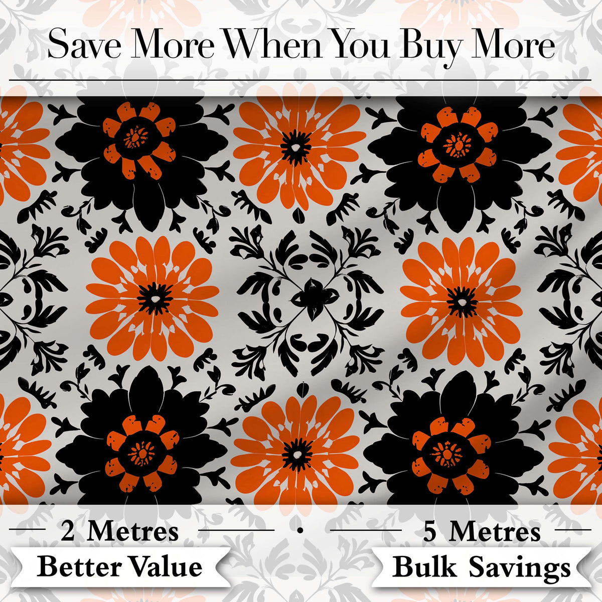Bold Orange Black Floral Folk Art Seamless Pattern Digital Print Fabric by the Metre UK Sewing Quilting Textile