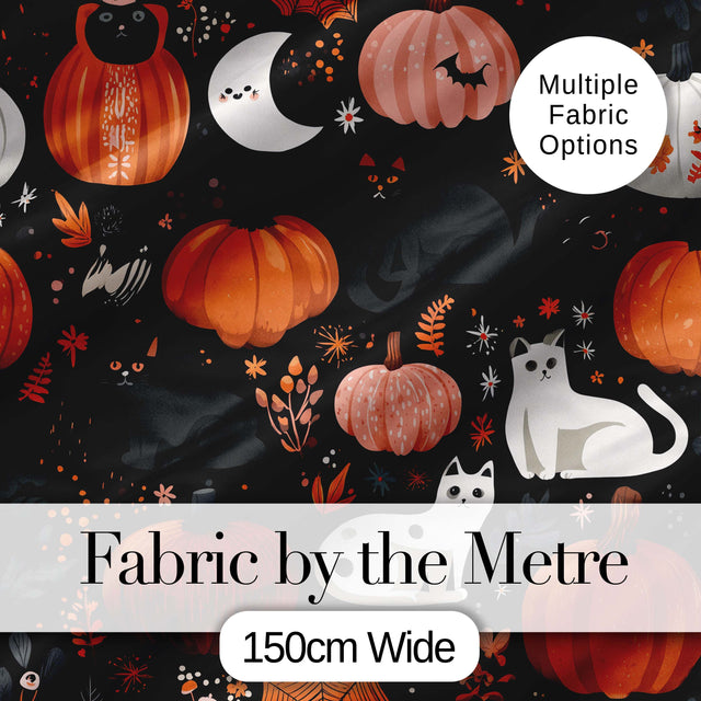 Cute Halloween Cats Pumpkins Moon Night Seamless Pattern Digital Print Fabric by the Metre UK Sewing Quilting Textile