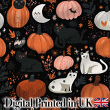 Cute Halloween Cats Pumpkins Moon Night Seamless Pattern Digital Print Fabric by the Metre UK Sewing Quilting Textile