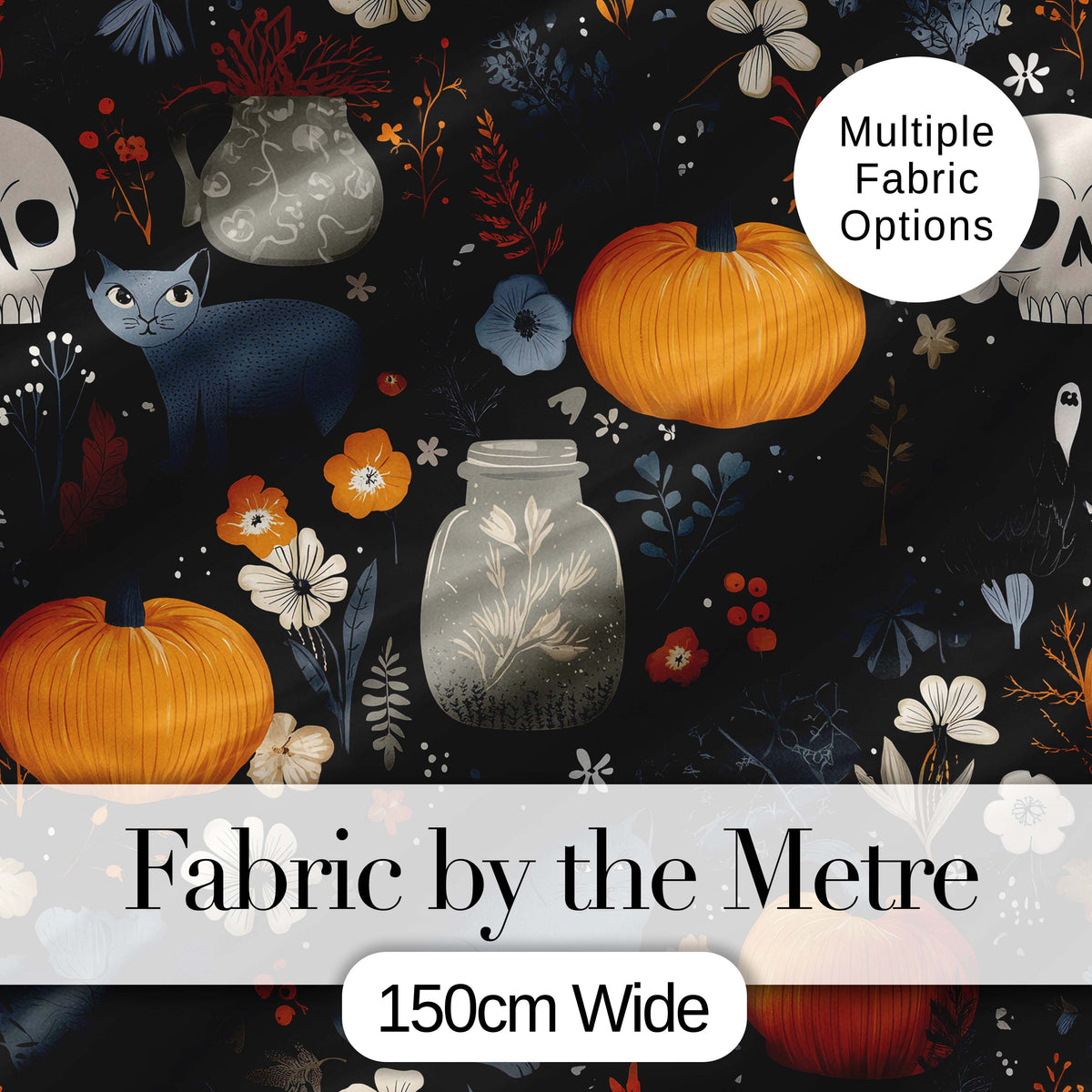 Autumn Pumpkin Cat Botanical Dark Seamless Pattern Digital Print Fabric by the Metre UK Sewing Quilting Textile
