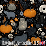 Autumn Pumpkin Cat Botanical Dark Seamless Pattern Digital Print Fabric by the Metre UK Sewing Quilting Textile