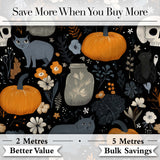 Autumn Pumpkin Cat Botanical Dark Seamless Pattern Digital Print Fabric by the Metre UK Sewing Quilting Textile