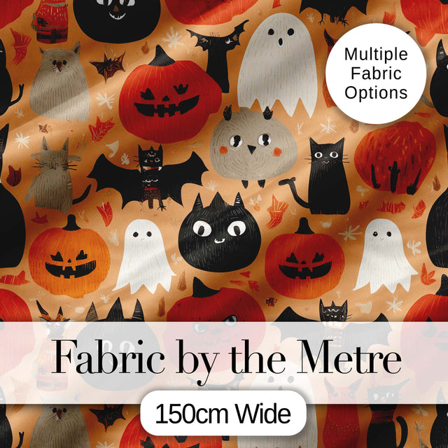 Cute Halloween Cats Bats Pumpkins Seamless Pattern Digital Print Fabric by the Metre UK Sewing Quilting Textile