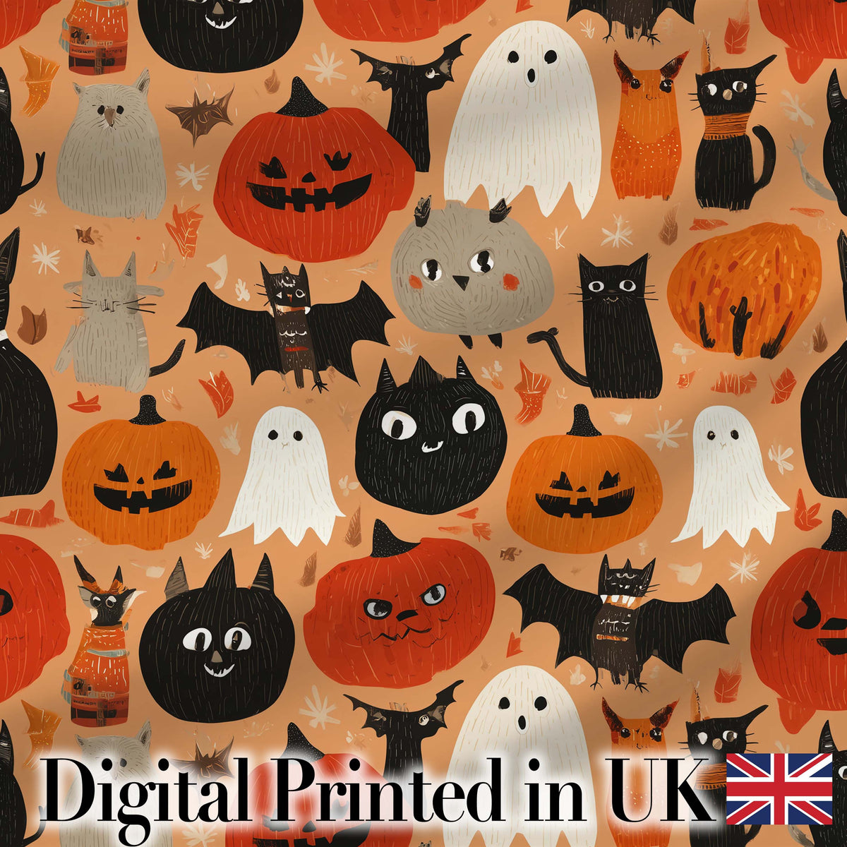 Cute Halloween Cats Bats Pumpkins Seamless Pattern Digital Print Fabric by the Metre UK Sewing Quilting Textile