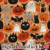 Cute Halloween Cats Bats Pumpkins Seamless Pattern Digital Print Fabric by the Metre UK Sewing Quilting Textile