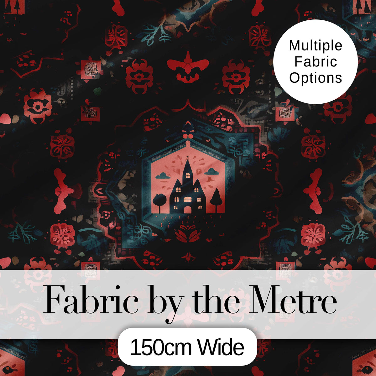 Halloween Haunted House Gothic Floral Seamless Pattern Digital Print Fabric by the Metre UK Sewing Quilting Textile