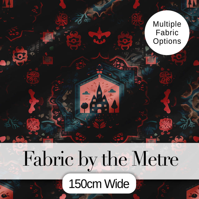 Halloween Haunted House Gothic Floral Seamless Pattern Digital Print Fabric by the Metre UK Sewing Quilting Textile