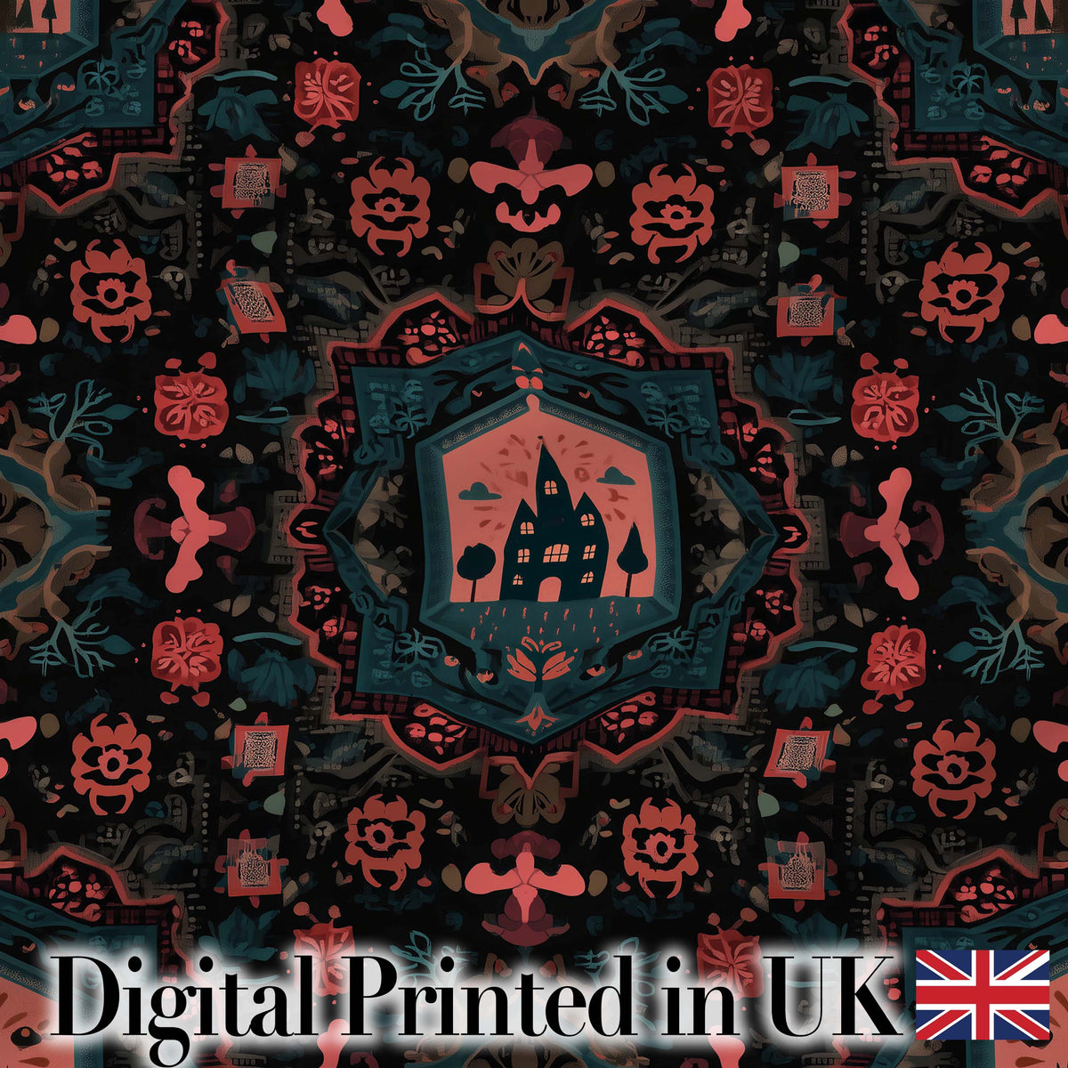 Halloween Haunted House Gothic Floral Seamless Pattern Digital Print Fabric by the Metre UK Sewing Quilting Textile