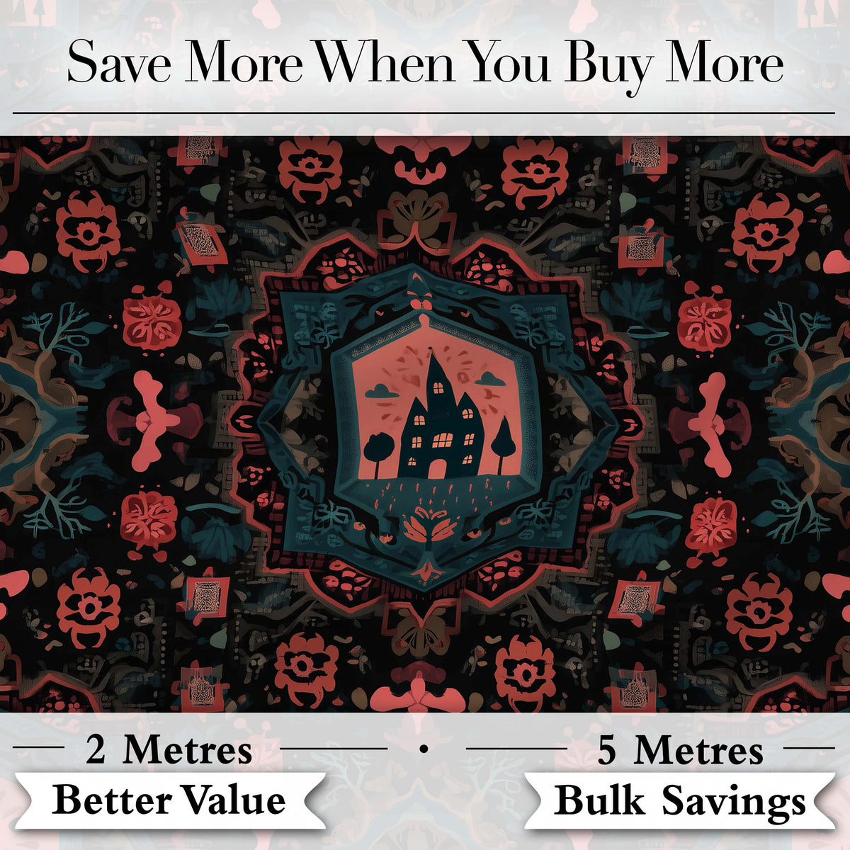 Halloween Haunted House Gothic Floral Seamless Pattern Digital Print Fabric by the Metre UK Sewing Quilting Textile