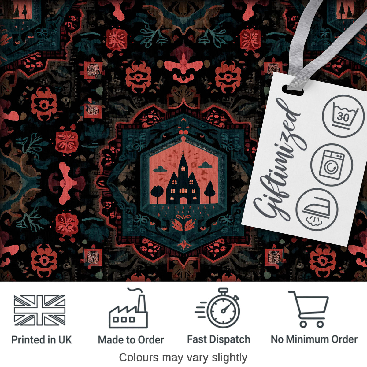 Halloween Haunted House Gothic Floral Seamless Pattern Digital Print Fabric by the Metre UK Sewing Quilting Textile