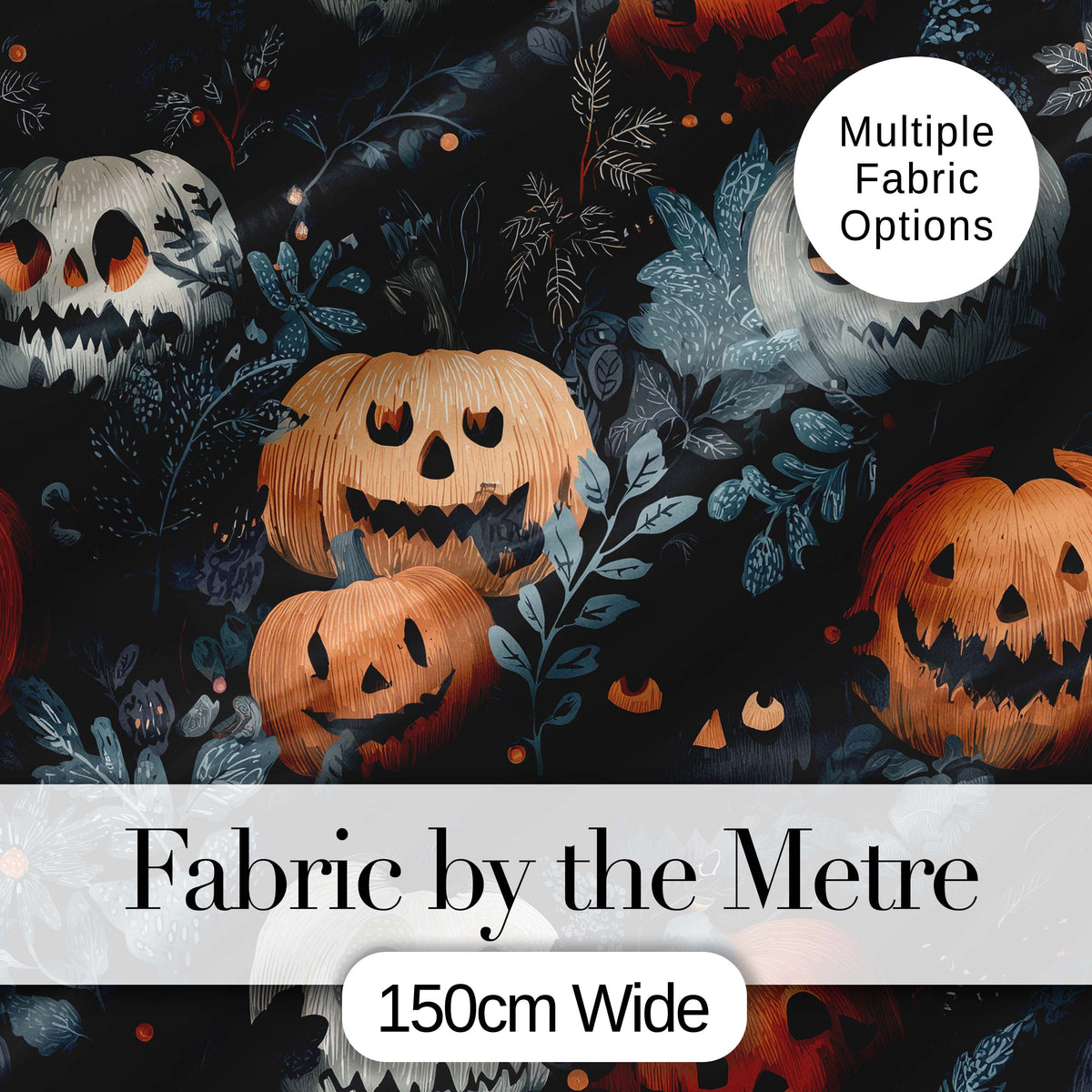 Halloween Pumpkin Botanical Dark Leaves Seamless Pattern Digital Print Fabric by the Metre UK Sewing Quilting Textile