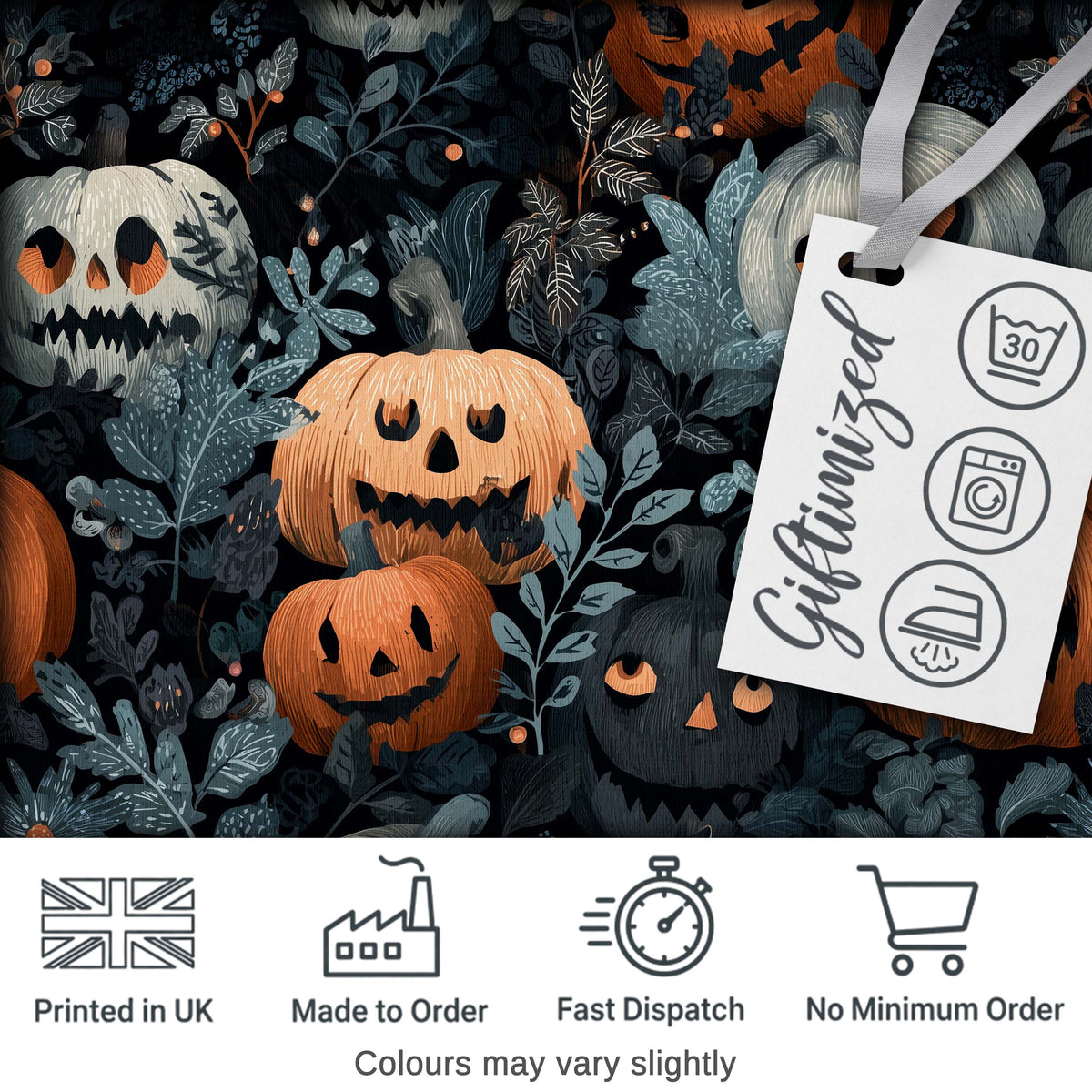 Halloween Pumpkin Botanical Dark Leaves Seamless Pattern Digital Print Fabric by the Metre UK Sewing Quilting Textile