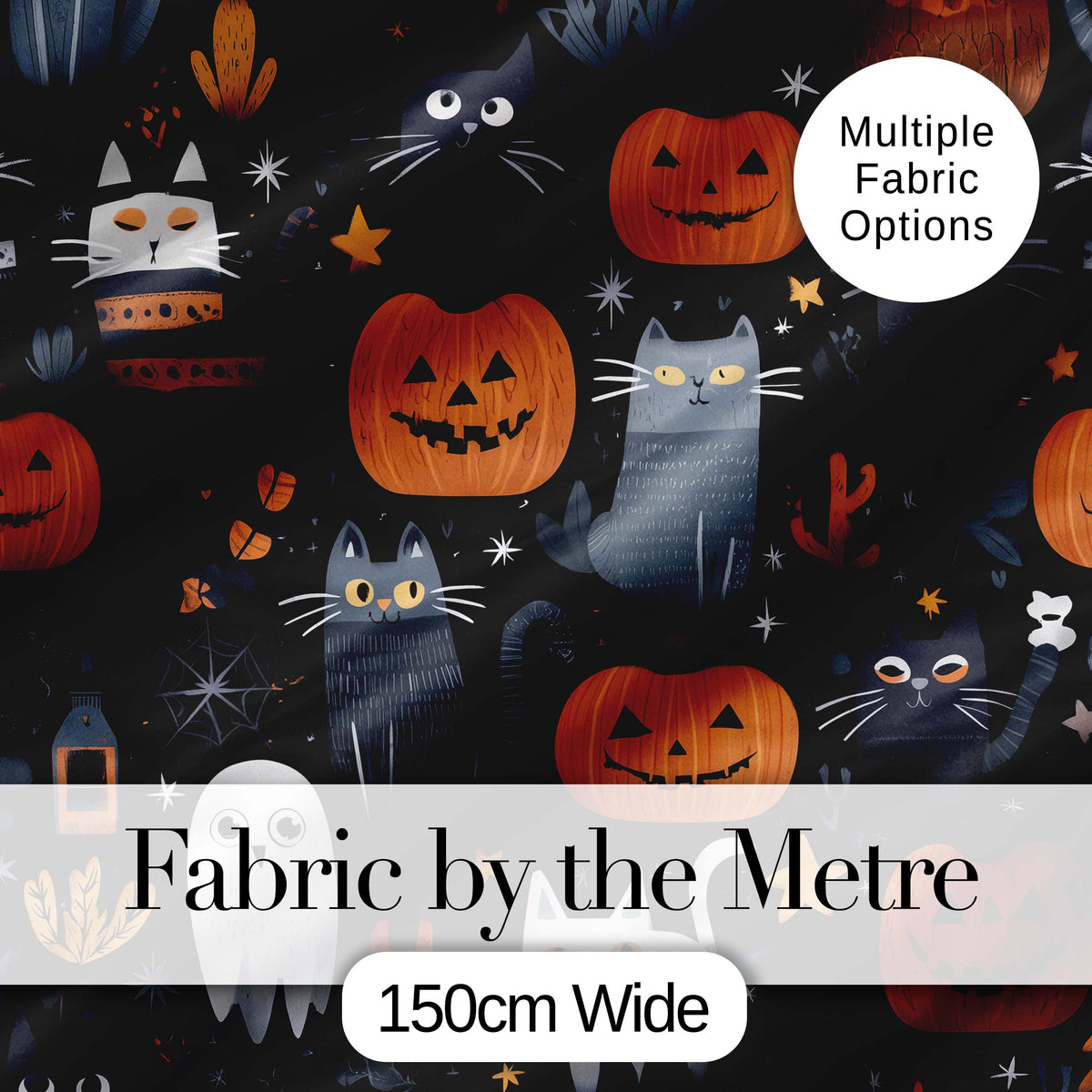 Cute Halloween Cats and Pumpkins Night Seamless Pattern Digital Print Fabric by the Metre UK Sewing Quilting Textile