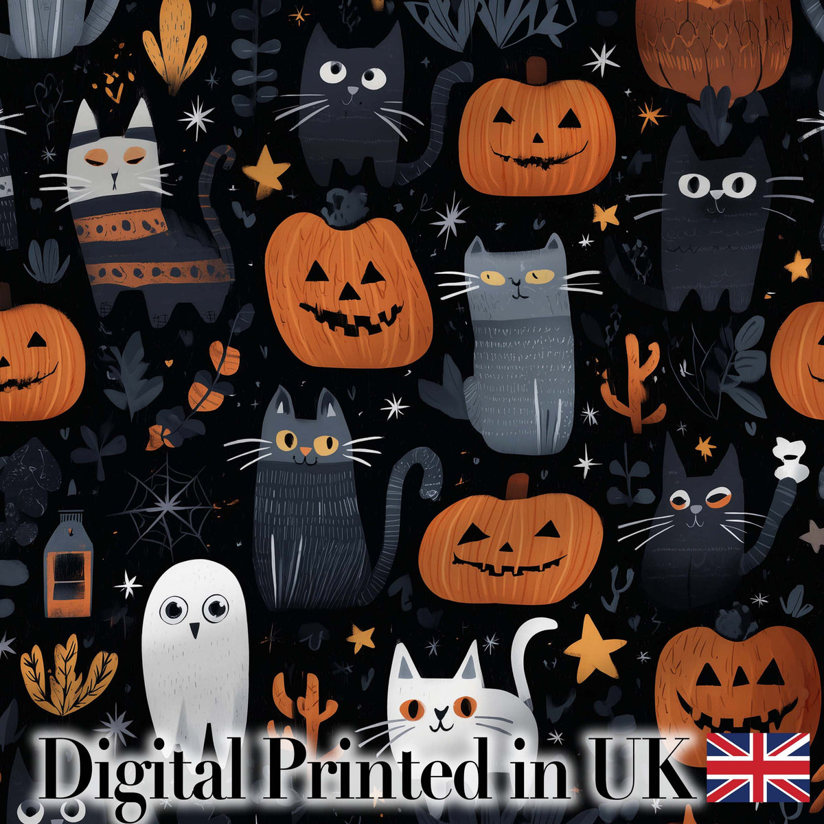 Cute Halloween Cats and Pumpkins Night Seamless Pattern Digital Print Fabric by the Metre UK Sewing Quilting Textile