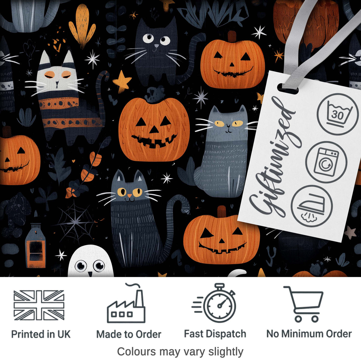 Cute Halloween Cats and Pumpkins Night Seamless Pattern Digital Print Fabric by the Metre UK Sewing Quilting Textile