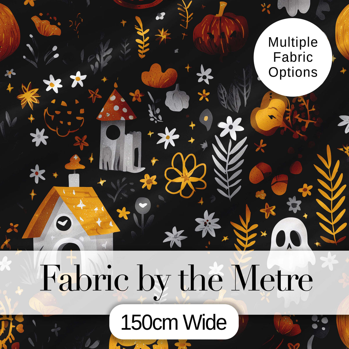 Halloween Cute Ghost House Floral Night Seamless Pattern Digital Print Fabric by the Metre UK Sewing Quilting Textile