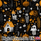 Halloween Cute Ghost House Floral Night Seamless Pattern Digital Print Fabric by the Metre UK Sewing Quilting Textile