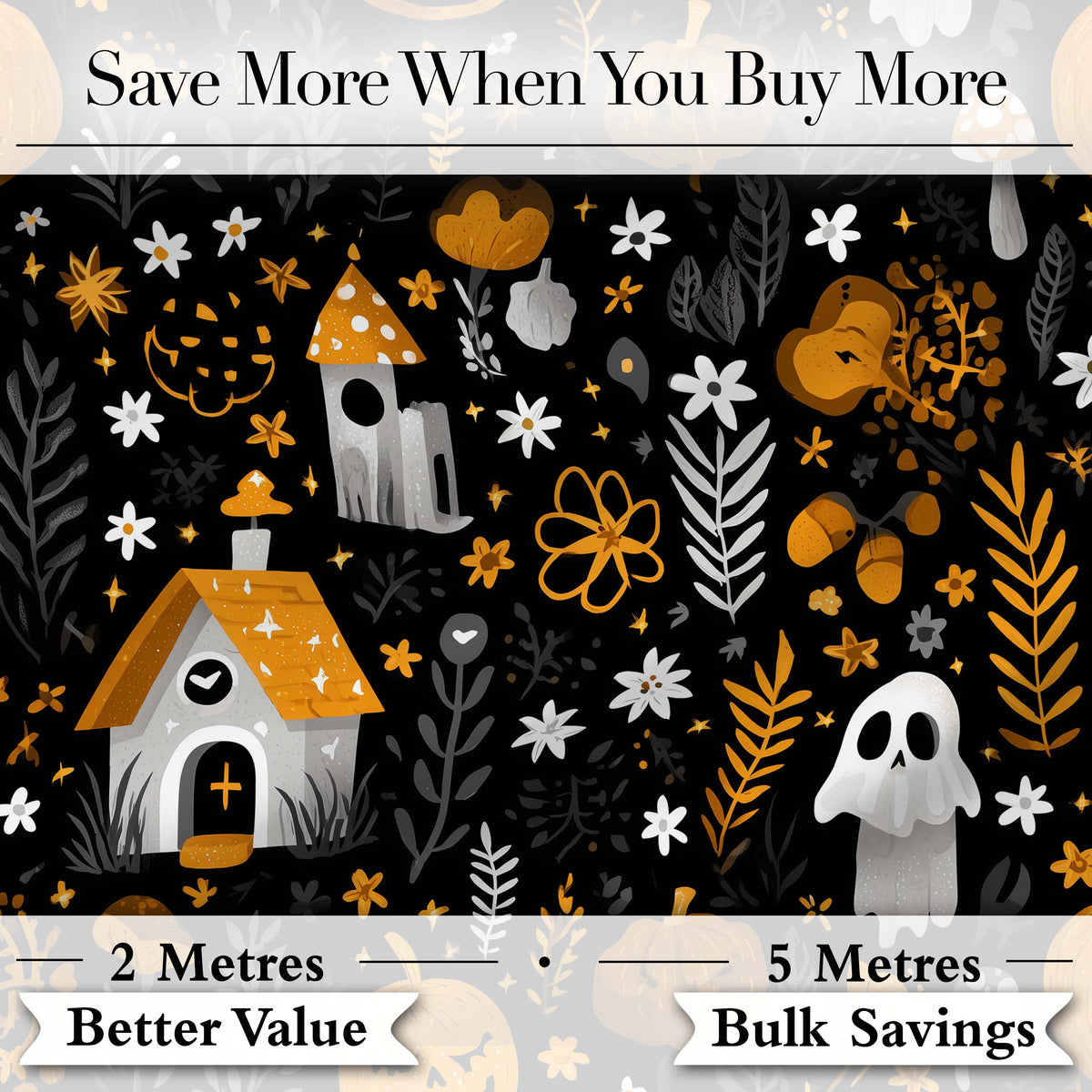Halloween Cute Ghost House Floral Night Seamless Pattern Digital Print Fabric by the Metre UK Sewing Quilting Textile
