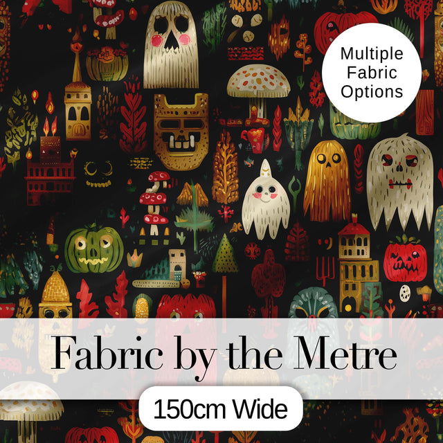 Folk Art Halloween Creatures Masks and Nature Seamless Pattern Digital Print Fabric by the Metre UK Sewing Quilting Textile