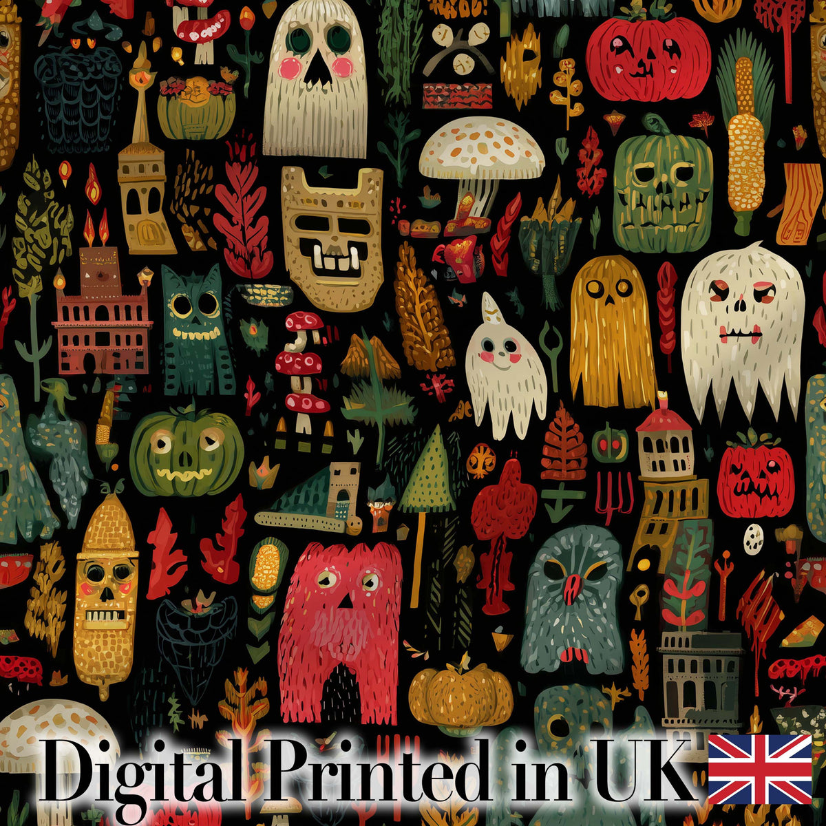 Folk Art Halloween Creatures Masks and Nature Seamless Pattern Digital Print Fabric by the Metre UK Sewing Quilting Textile