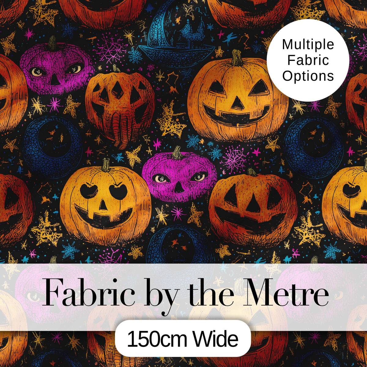Colorful Halloween Pumpkins Stars Seamless Pattern Digital Print Fabric by the Metre UK Sewing Quilting Textile