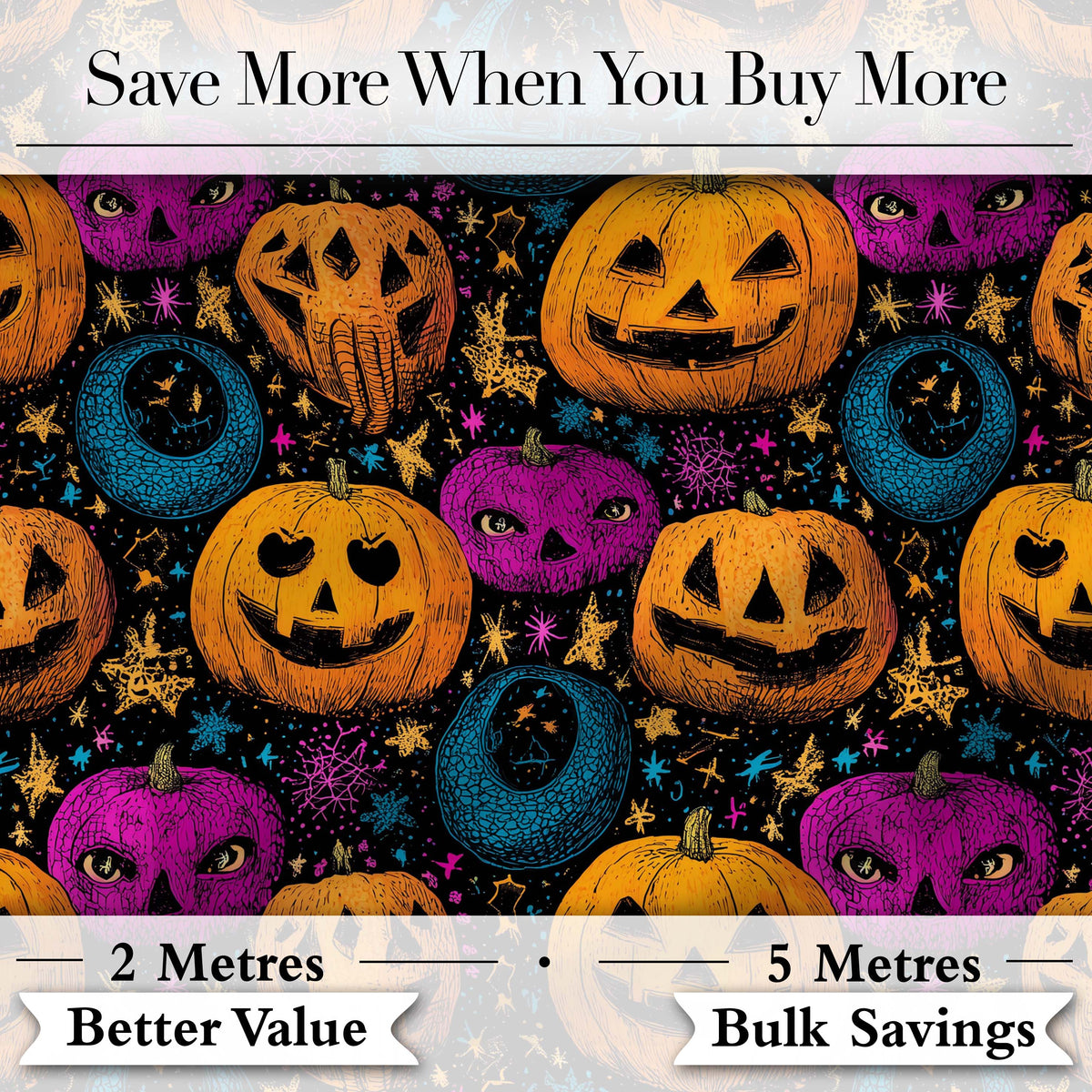 Colorful Halloween Pumpkins Stars Seamless Pattern Digital Print Fabric by the Metre UK Sewing Quilting Textile