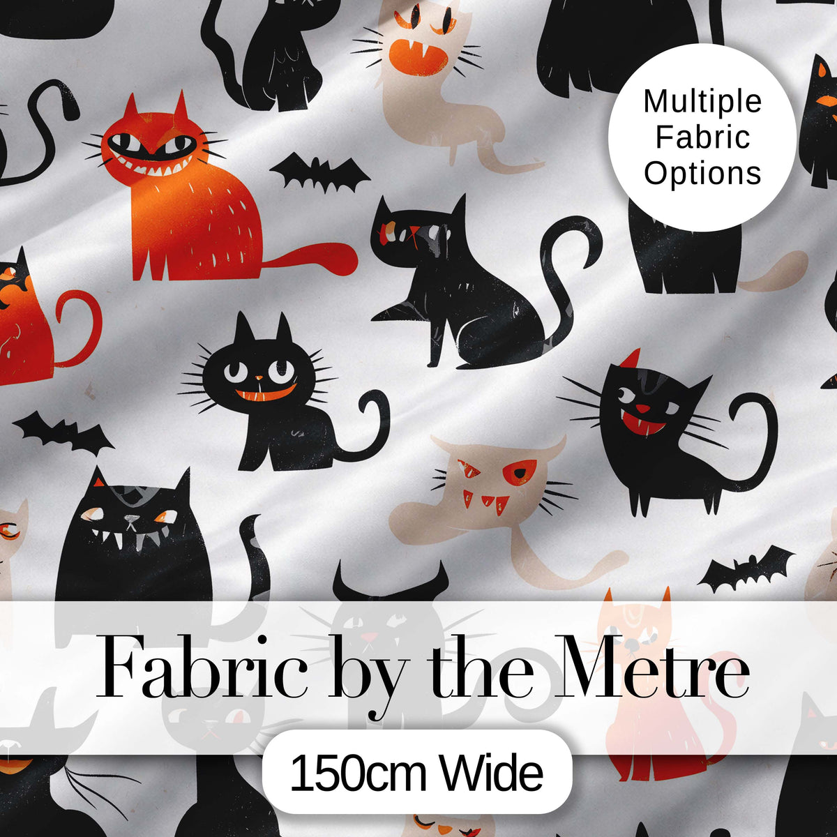 Cute Halloween Black Cats Orange Accents Seamless Pattern Digital Print Fabric by the Metre UK Sewing Quilting Textile