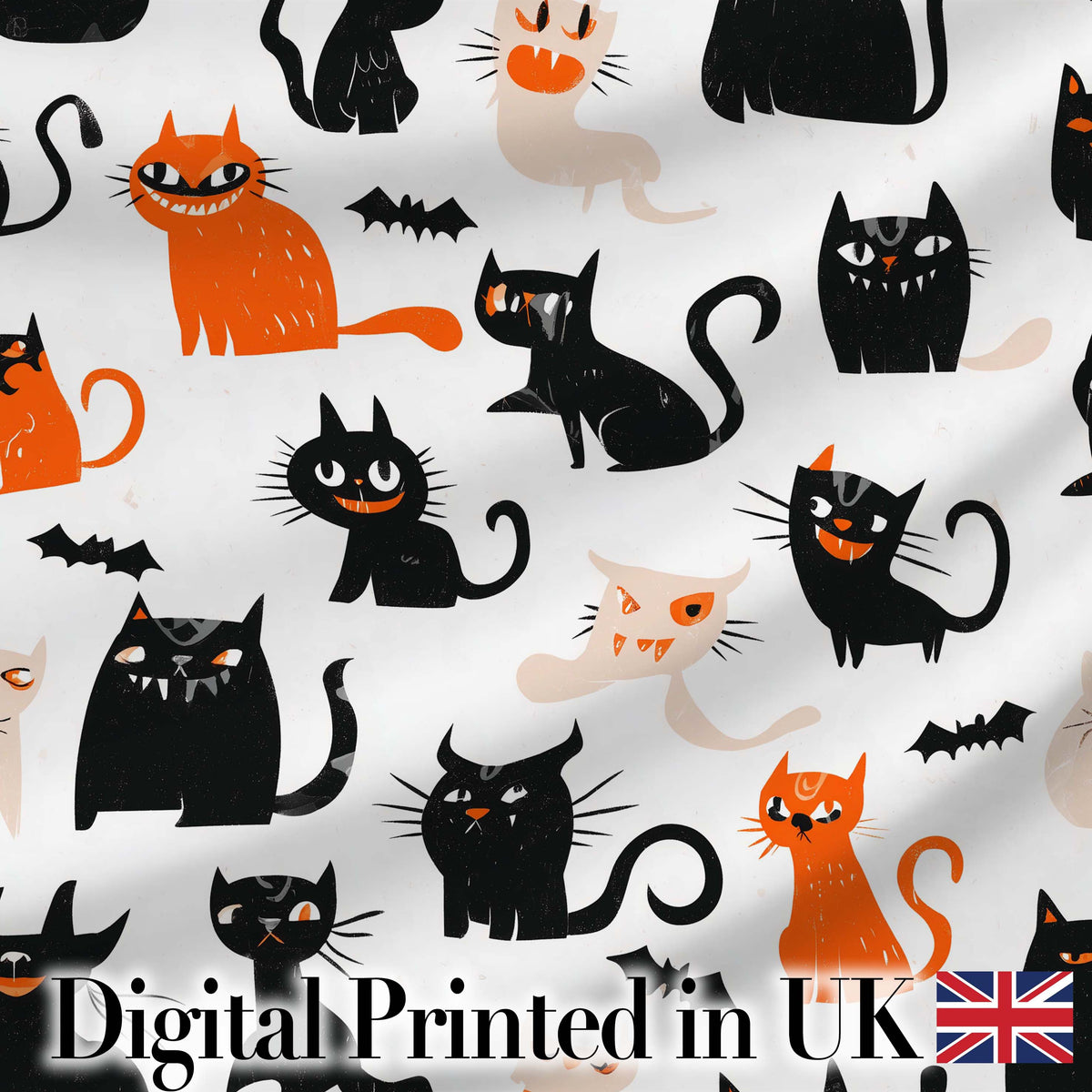 Cute Halloween Black Cats Orange Accents Seamless Pattern Digital Print Fabric by the Metre UK Sewing Quilting Textile
