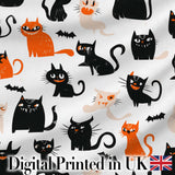 Cute Halloween Black Cats Orange Accents Seamless Pattern Digital Print Fabric by the Metre UK Sewing Quilting Textile