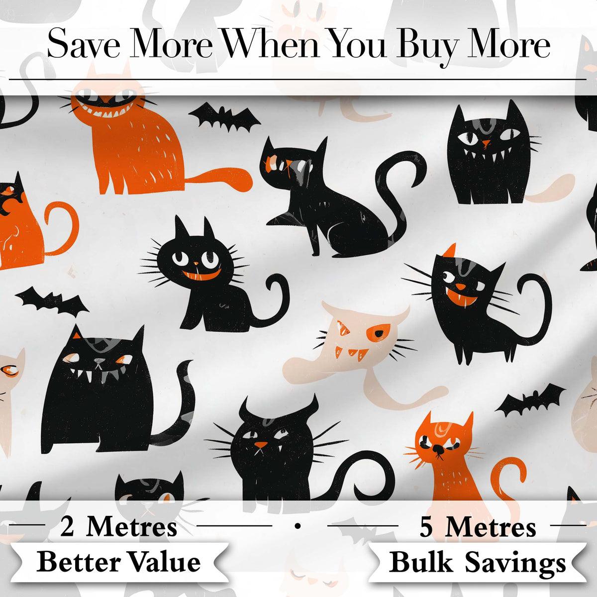 Cute Halloween Black Cats Orange Accents Seamless Pattern Digital Print Fabric by the Metre UK Sewing Quilting Textile