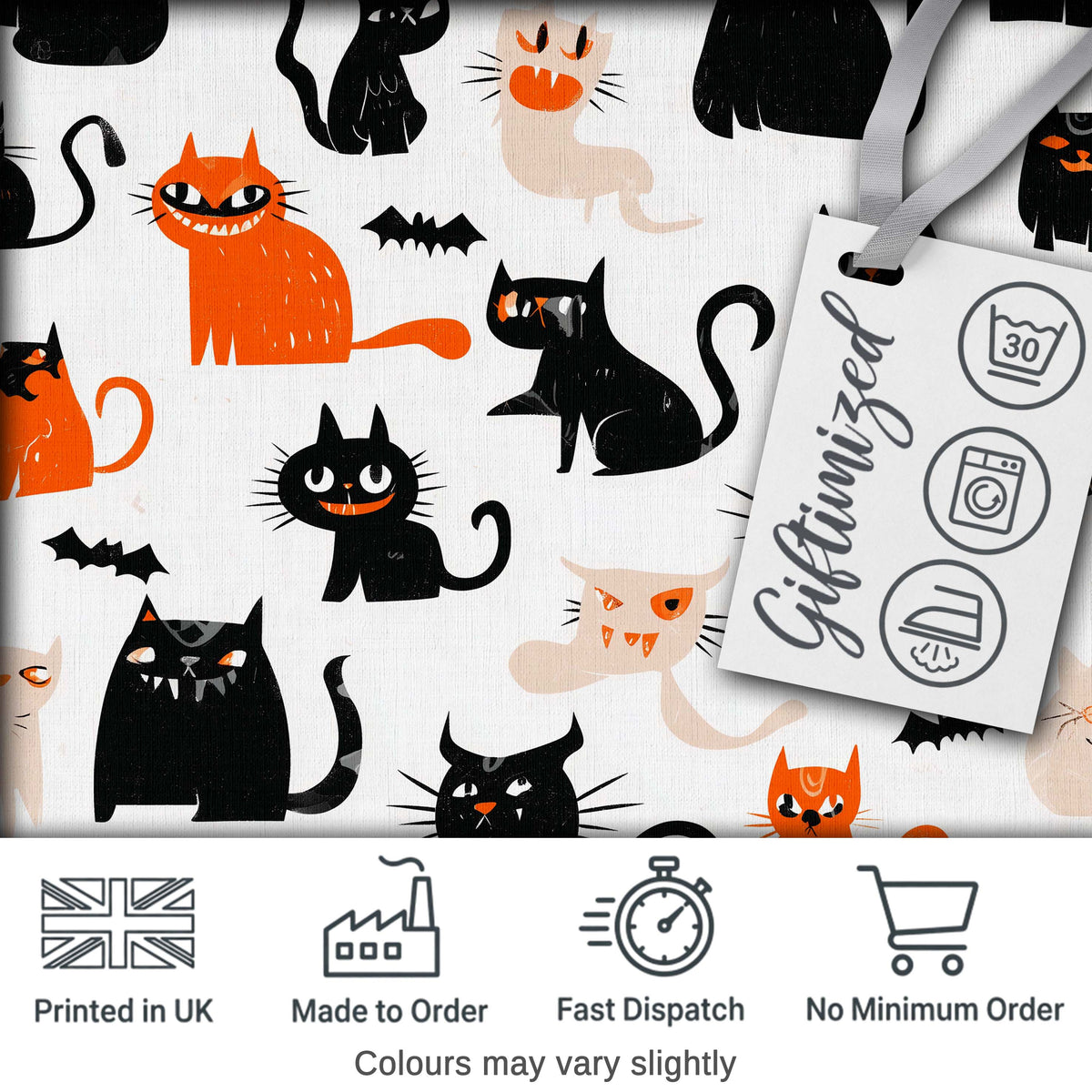 Cute Halloween Black Cats Orange Accents Seamless Pattern Digital Print Fabric by the Metre UK Sewing Quilting Textile