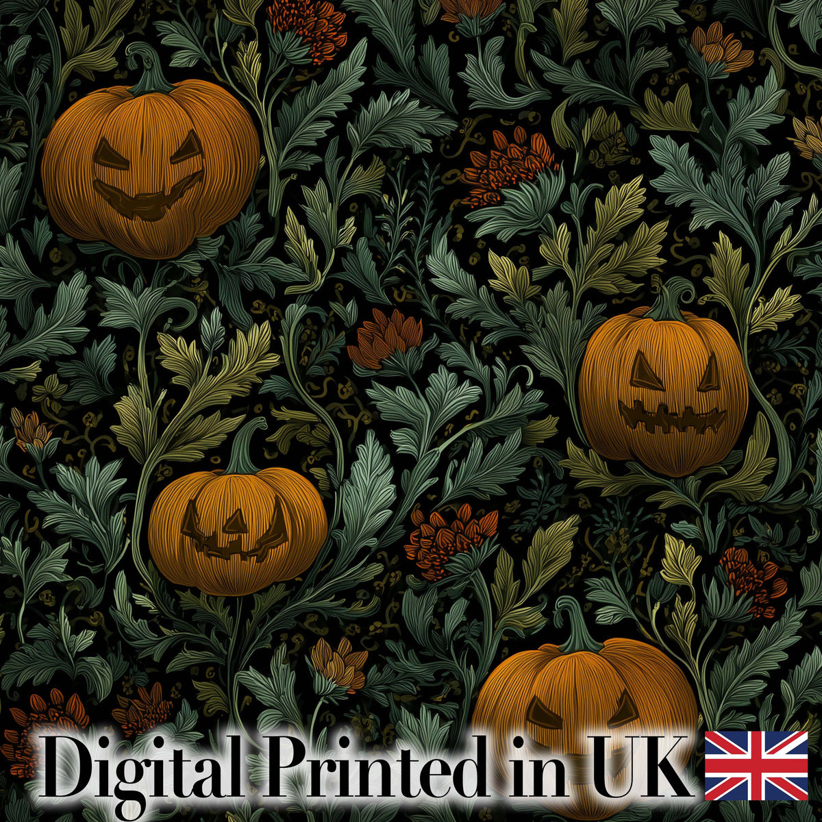 Vintage Pumpkin Botanical Dark Floral Seamless Pattern Digital Print Fabric by the Metre UK Sewing Quilting Textile