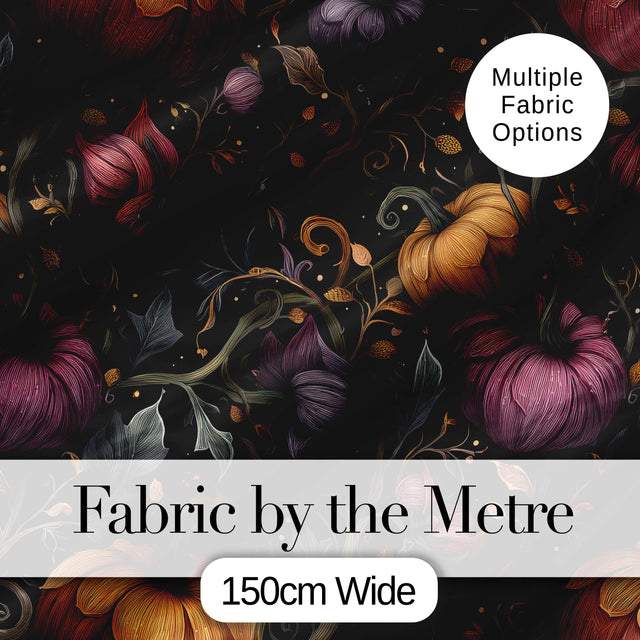 Elegant Autumn Pumpkin Floral Dark Seamless Pattern Digital Print Fabric by the Metre UK Sewing Quilting Textile