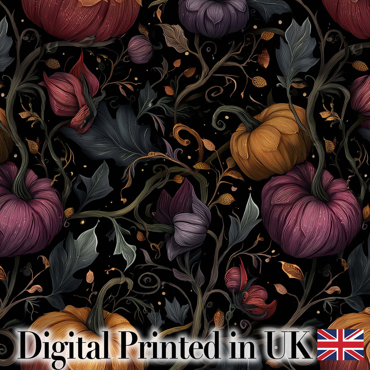 Elegant Autumn Pumpkin Floral Dark Seamless Pattern Digital Print Fabric by the Metre UK Sewing Quilting Textile
