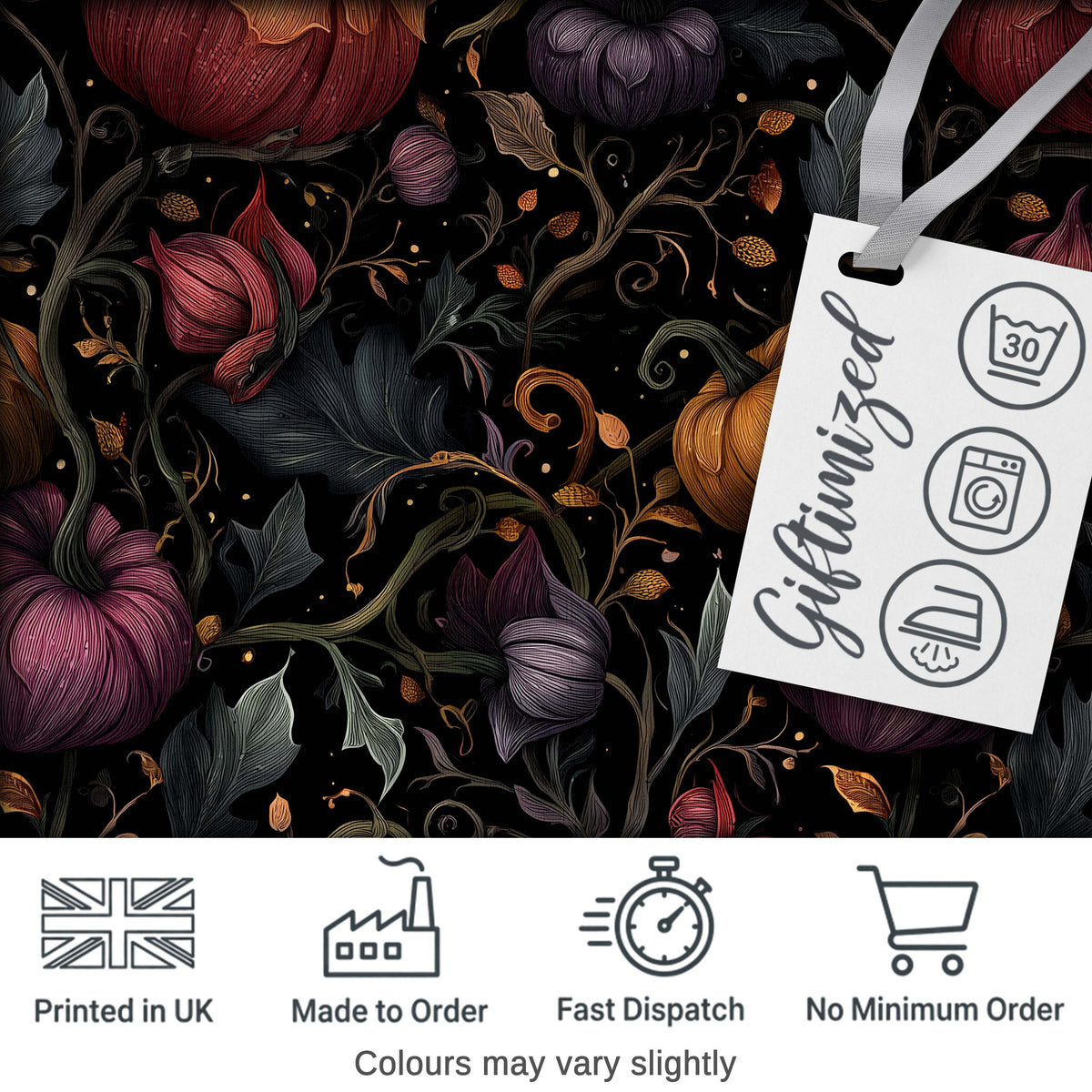 Elegant Autumn Pumpkin Floral Dark Seamless Pattern Digital Print Fabric by the Metre UK Sewing Quilting Textile