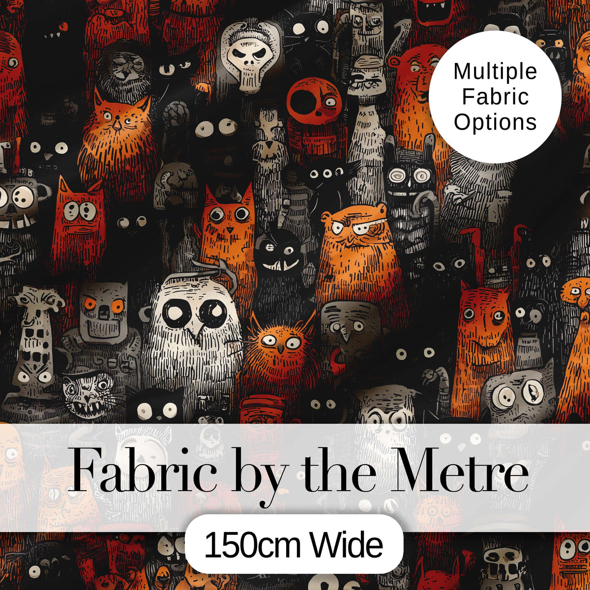 Halloween Folk Art Animal Crowd Seamless Pattern Digital Print Fabric by the Metre UK Sewing Quilting Textile