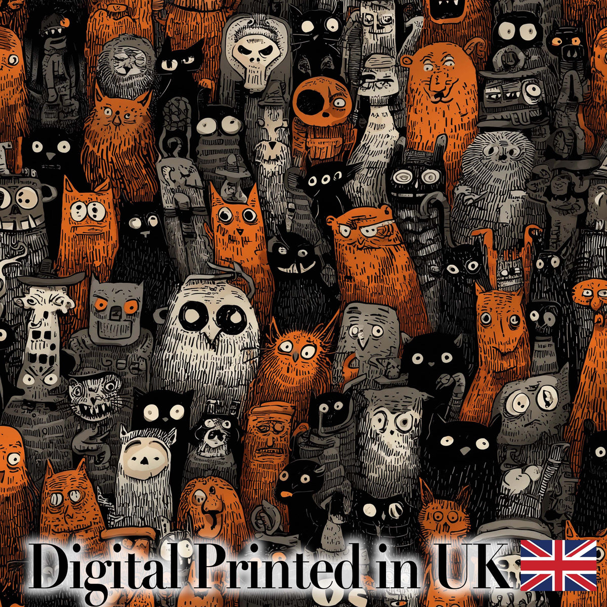 Halloween Folk Art Animal Crowd Seamless Pattern Digital Print Fabric by the Metre UK Sewing Quilting Textile