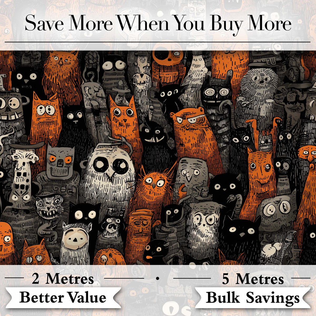 Halloween Folk Art Animal Crowd Seamless Pattern Digital Print Fabric by the Metre UK Sewing Quilting Textile