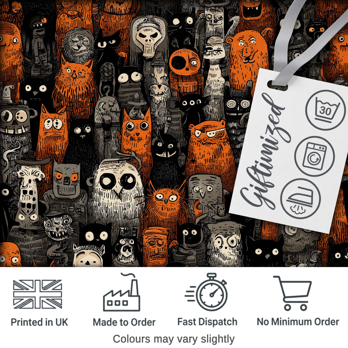 Halloween Folk Art Animal Crowd Seamless Pattern Digital Print Fabric by the Metre UK Sewing Quilting Textile