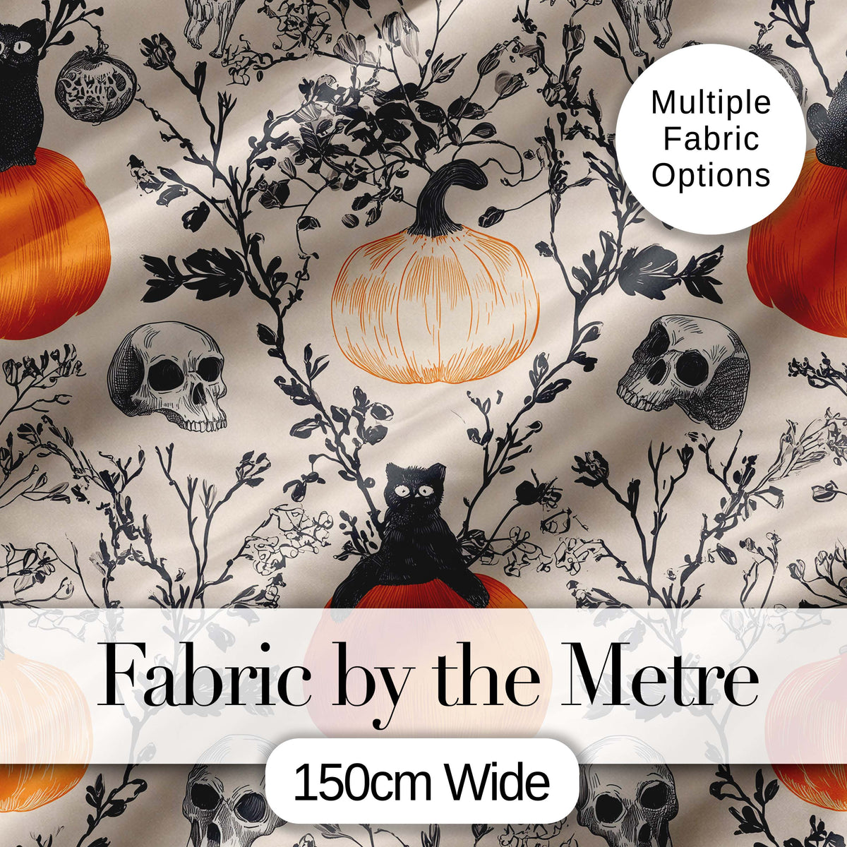 Vintage Pumpkin Skull Botanical Cream Seamless Pattern Digital Print Fabric by the Metre UK Sewing Quilting Textile