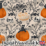 Vintage Pumpkin Skull Botanical Cream Seamless Pattern Digital Print Fabric by the Metre UK Sewing Quilting Textile