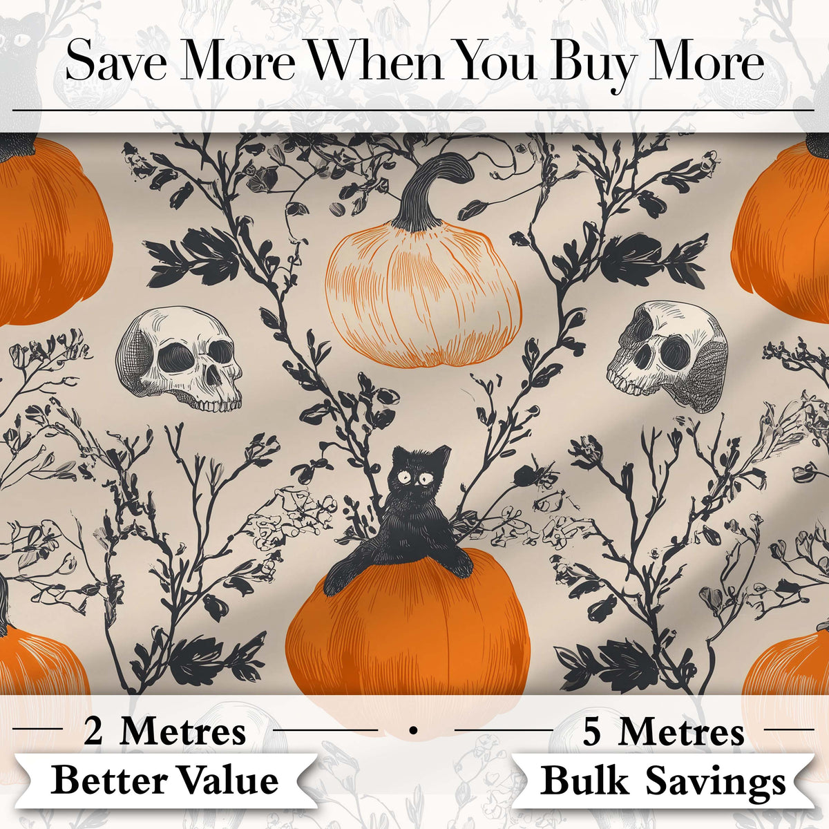 Vintage Pumpkin Skull Botanical Cream Seamless Pattern Digital Print Fabric by the Metre UK Sewing Quilting Textile