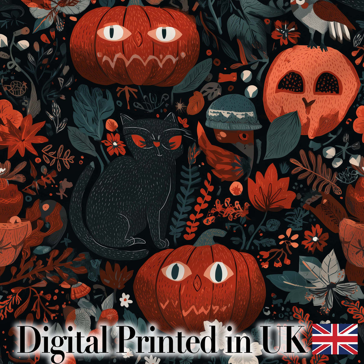 Halloween Black Cat Pumpkin Autumn Leaves Seamless Pattern Digital Print Fabric by the Metre UK Sewing Quilting Textile
