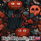 Halloween Black Cat Pumpkin Autumn Leaves Seamless Pattern Digital Print Fabric by the Metre UK Sewing Quilting Textile