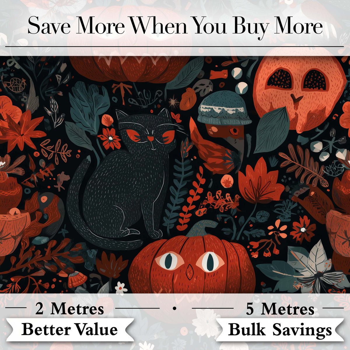 Halloween Black Cat Pumpkin Autumn Leaves Seamless Pattern Digital Print Fabric by the Metre UK Sewing Quilting Textile