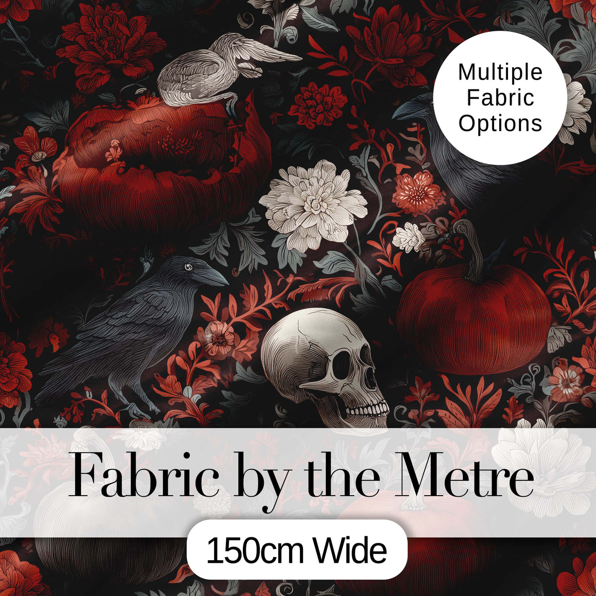 Gothic Raven Skull Pumpkin Floral Dark Seamless Pattern Digital Print Fabric by the Metre UK Sewing Quilting Textile