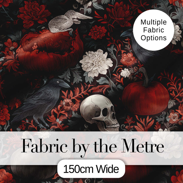 Gothic Raven Skull Pumpkin Floral Dark Seamless Pattern Digital Print Fabric by the Metre UK Sewing Quilting Textile