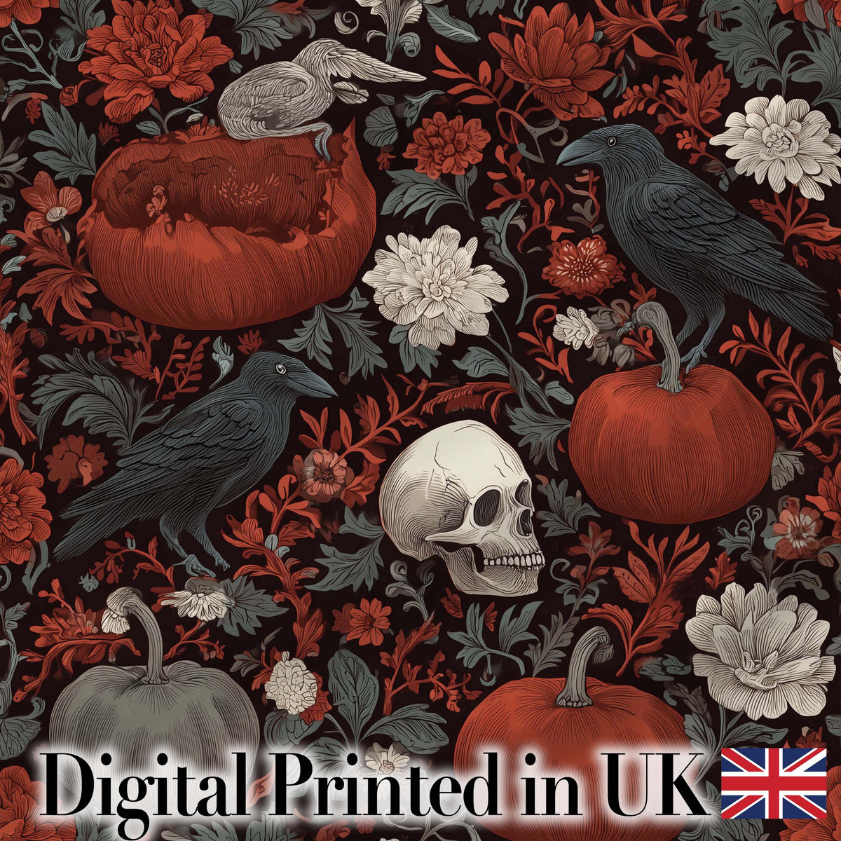 Gothic Raven Skull Pumpkin Floral Dark Seamless Pattern Digital Print Fabric by the Metre UK Sewing Quilting Textile