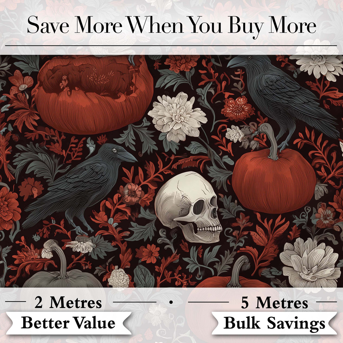 Gothic Raven Skull Pumpkin Floral Dark Seamless Pattern Digital Print Fabric by the Metre UK Sewing Quilting Textile